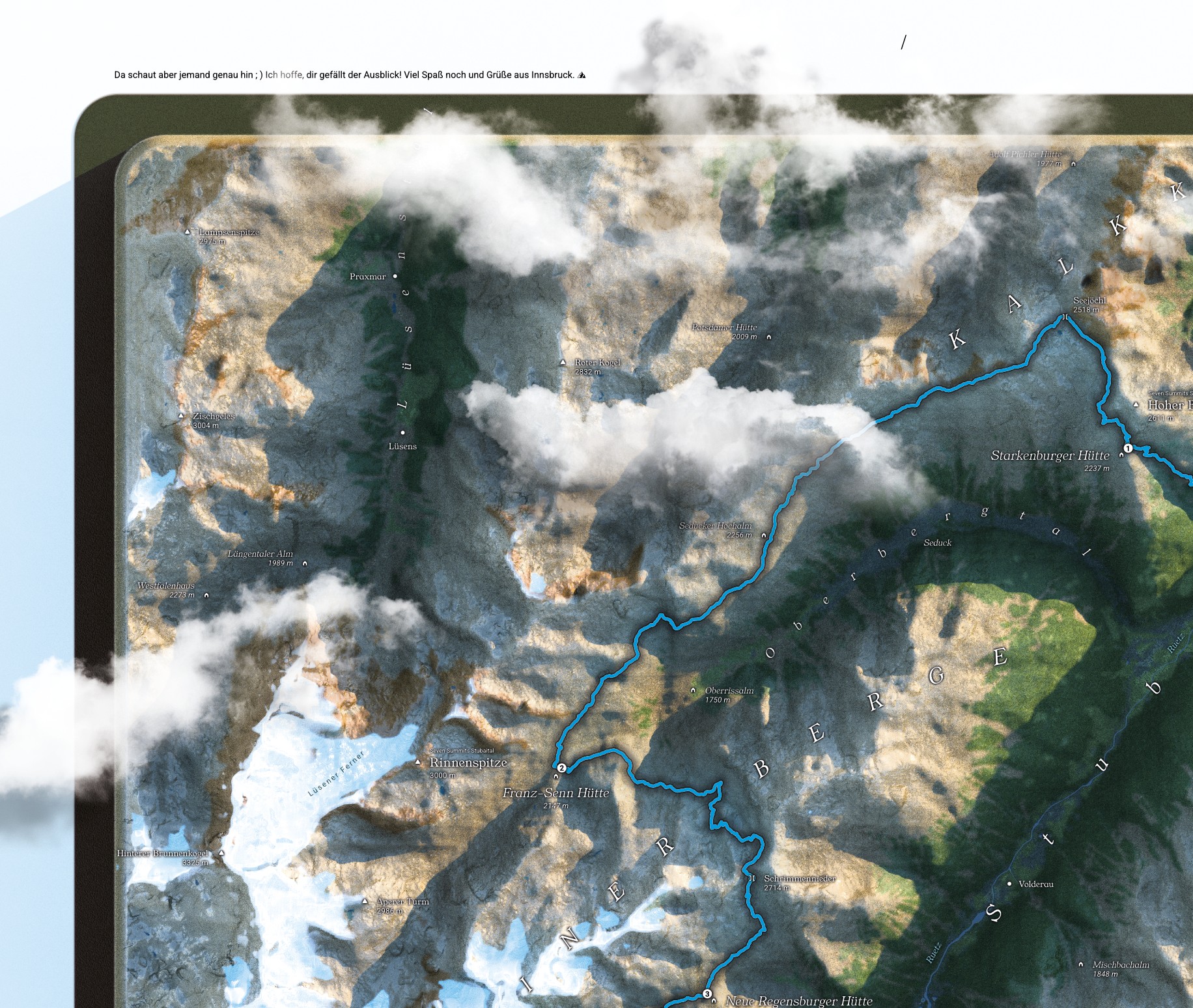 Close-up of the Stubaier Höhenweg poster showing rendered terrain, cloud cover, and the route line through the Oberbergtal